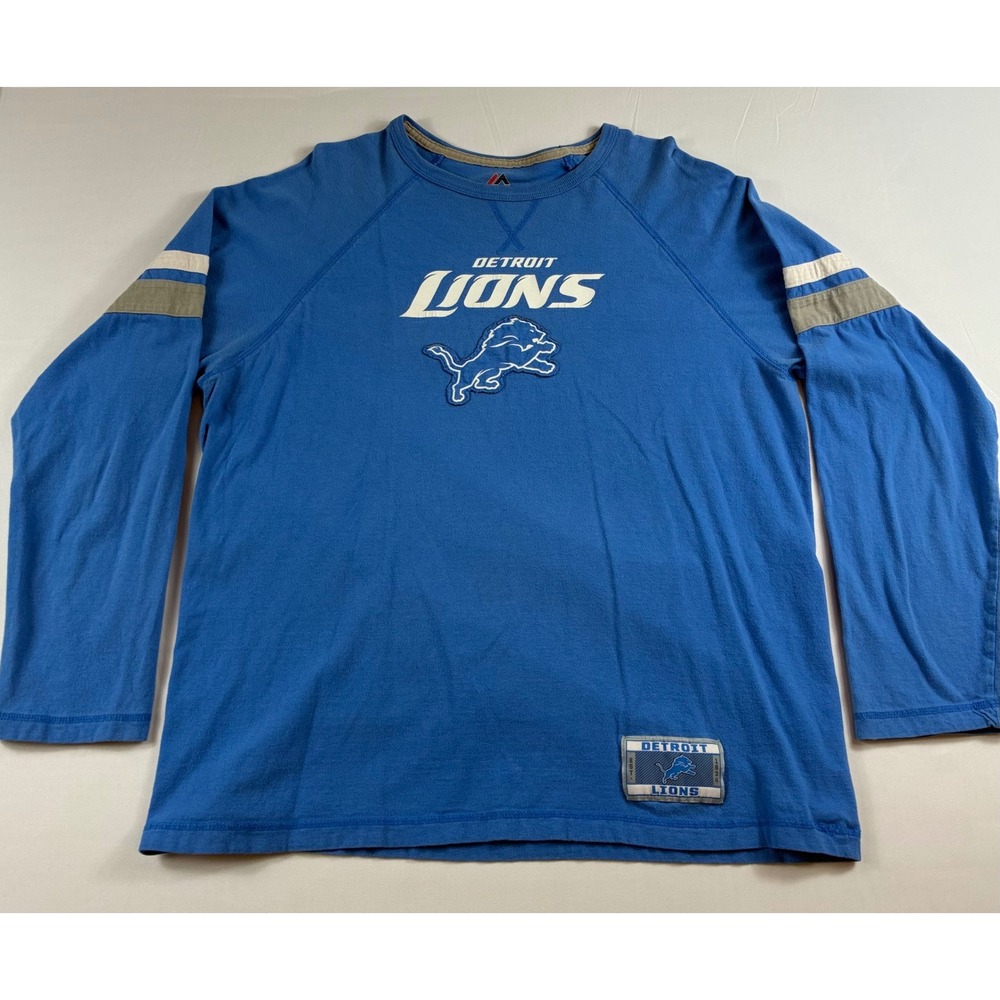 Majestic Detroit Lions Shirt Mens XL Blue Long Sleeve Graphic Raglan NFL